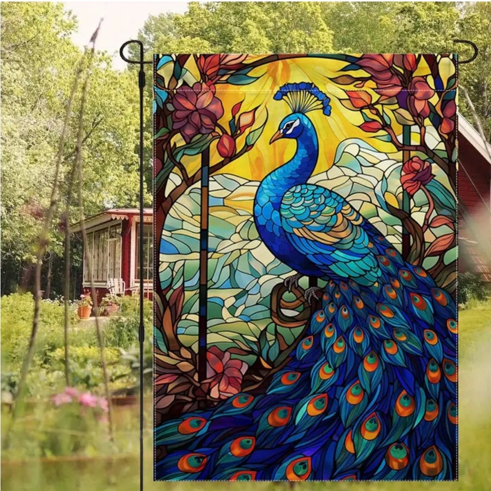 Peacock Faux Stained Glass Garden Flag (12” x 18”)
